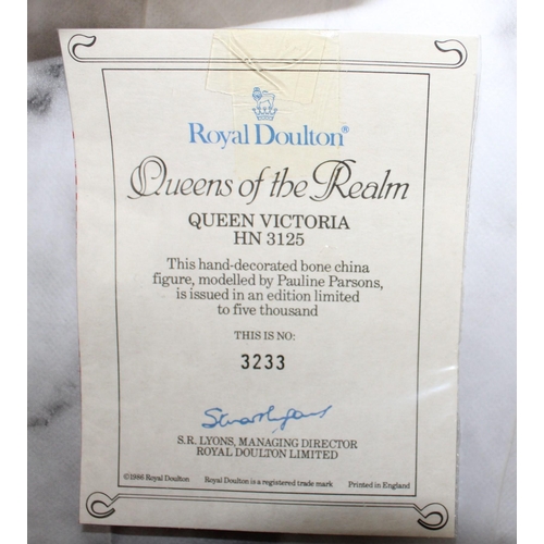 180 - Three Boxed Royal Doulton Limited Edition Queen Of Realms Figurines Inc-Queen Victoria 3125/Queen El... 