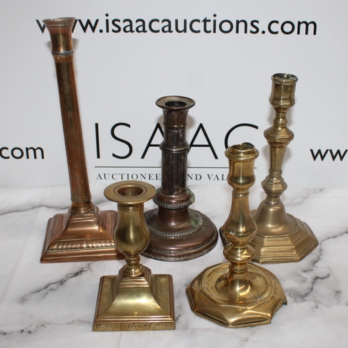 25 - Five Assorted Candlesticks ( Brass and Copper) - Tallest 26cm