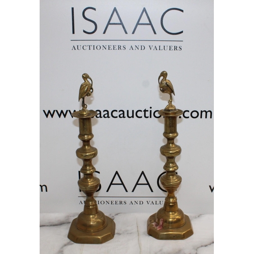 26 - Pair of Brass Candlesticks  with Bird  Stoppers - 33cm Tall