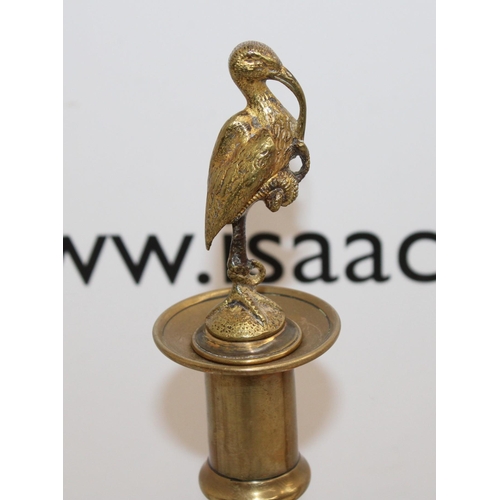 26 - Pair of Brass Candlesticks  with Bird  Stoppers - 33cm Tall