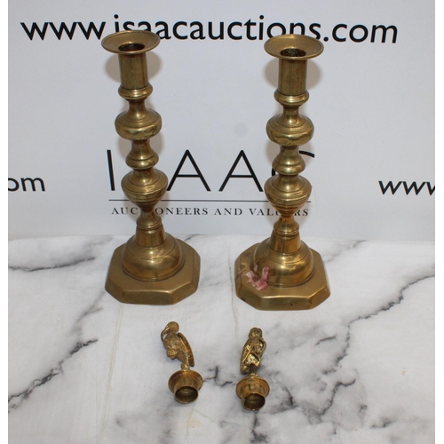 26 - Pair of Brass Candlesticks  with Bird  Stoppers - 33cm Tall