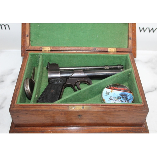 146 - The Webley Junior Gun In Wooden Box Pellets In Tin