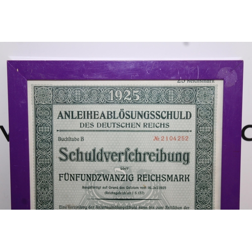 150 - Framed 1925 Dated TWENTY FIVE REICHMARK - No 2104252

COLLECTION ONLY DUE TO FRAME 
31 X 22CM