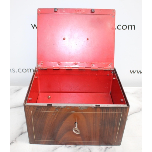 167 - Wooden Cash Box with Alarm - Untested With Key 24.5 x 19 x 13.5cm