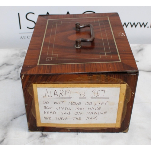 167 - Wooden Cash Box with Alarm - Untested With Key 24.5 x 19 x 13.5cm