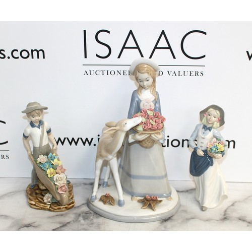 42 - Unboxed 3 x Figurines Inc-Porcelanas De Mediterraneo Valencia Figurine Of Girl Holding Flowers/VTG D... 