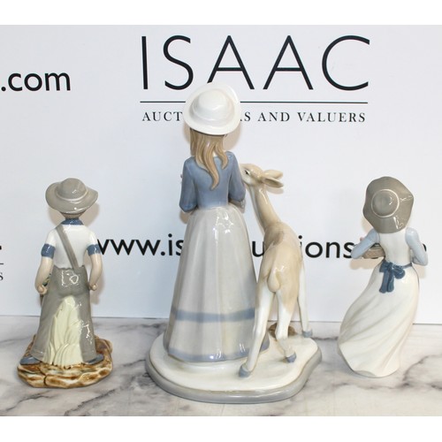 42 - Unboxed 3 x Figurines Inc-Porcelanas De Mediterraneo Valencia Figurine Of Girl Holding Flowers/VTG D... 