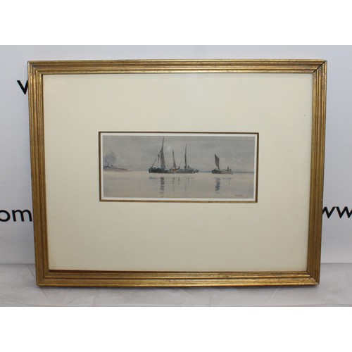 240 - Signed Watercolour - William Lionel Wyllie R.A. ( 1851-1931) - Thames Barges Making Sail At Dawn On ... 