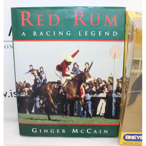 104 - 3 X RED RUM ITEMS INC-BREYER RACING LEGENDS RED RUM NO 1247 MAKER OF THE WORLD'S FINEST MODEL HORSES... 