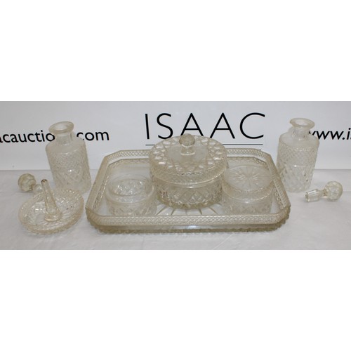 53 - Glass Dressing Table Set Missing Lid & Damage To  Bottles As Shown In Pictures 
COLLECTION ONLY...