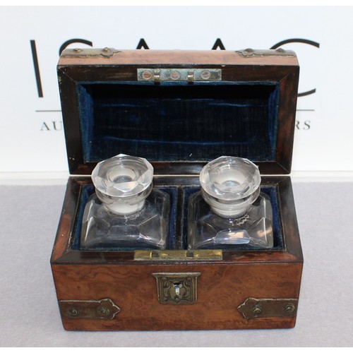 126 - Wooden Chest (14 x 11 x 8cm) Including Two Glass Decanters (Damage To One Bottle As Shown In Picture... 