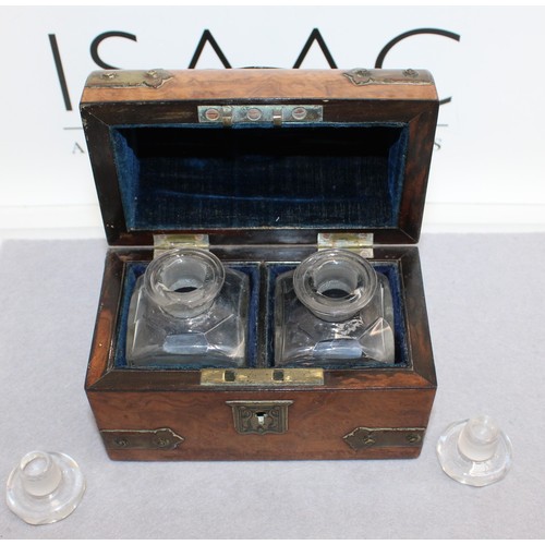 126 - Wooden Chest (14 x 11 x 8cm) Including Two Glass Decanters (Damage To One Bottle As Shown In Picture... 