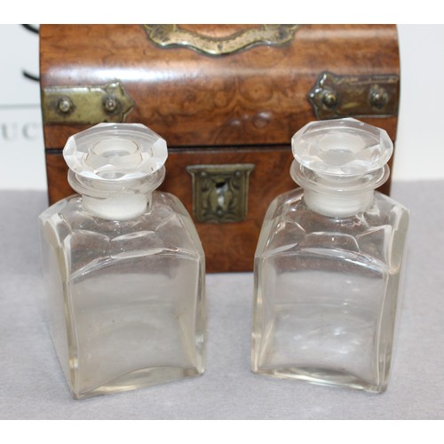 126 - Wooden Chest (14 x 11 x 8cm) Including Two Glass Decanters (Damage To One Bottle As Shown In Picture... 