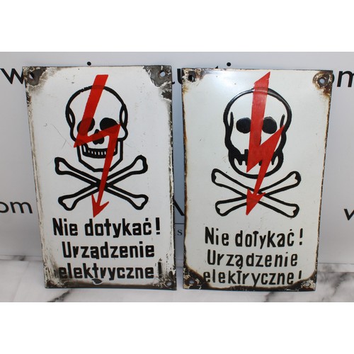 237 - 2 x Vintage Enamel Polish Electricity Do Not Touch Signs Height 24.5cm