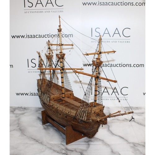 162 - Wooden Model Of The Mary Rose 1510 Ship Length-69cm Height-55cm 
On A Stand
COLLECTION ONLY