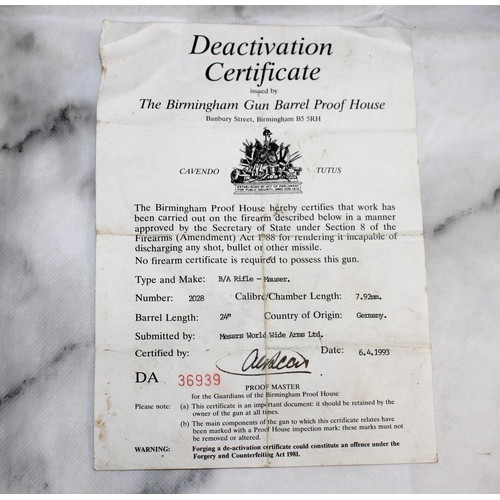 331 - German B/A Mauser Rifle With Deactivation Certificate No 2028
Proof On Age With I.D On Collection
Co... 