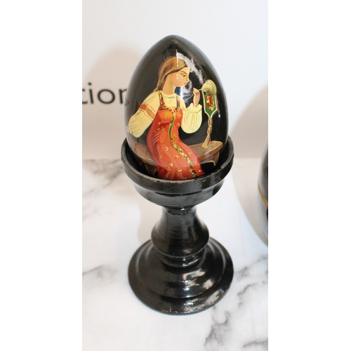 181 - Eleven Russian Wooden/Metal Hand Painted Decorative Eggs Largest-29cm Some On Stands