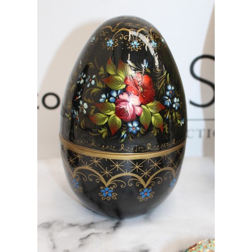 181 - Eleven Russian Wooden/Metal Hand Painted Decorative Eggs Largest-29cm Some On Stands