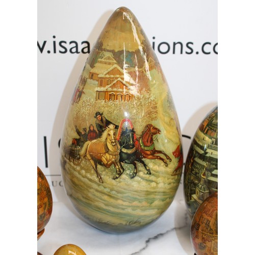 181 - Eleven Russian Wooden/Metal Hand Painted Decorative Eggs Largest-29cm Some On Stands