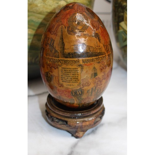 181 - Eleven Russian Wooden/Metal Hand Painted Decorative Eggs Largest-29cm Some On Stands