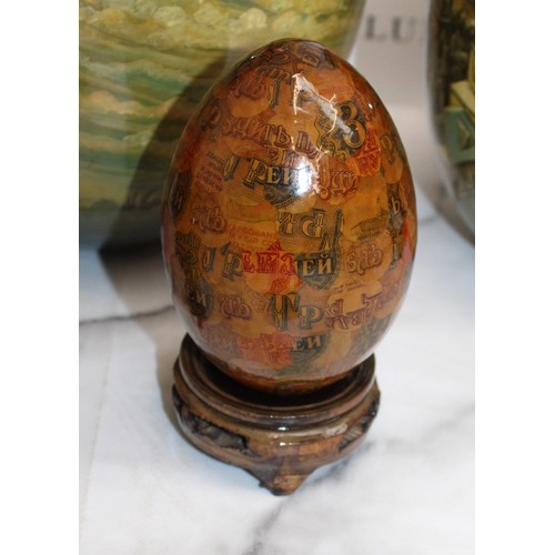 181 - Eleven Russian Wooden/Metal Hand Painted Decorative Eggs Largest-29cm Some On Stands