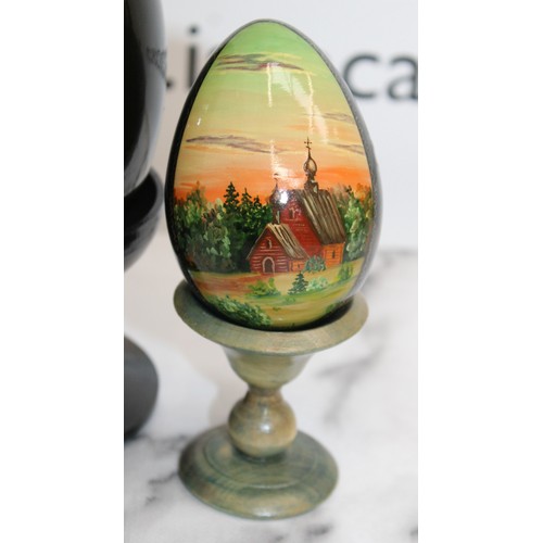 181 - Eleven Russian Wooden/Metal Hand Painted Decorative Eggs Largest-29cm Some On Stands