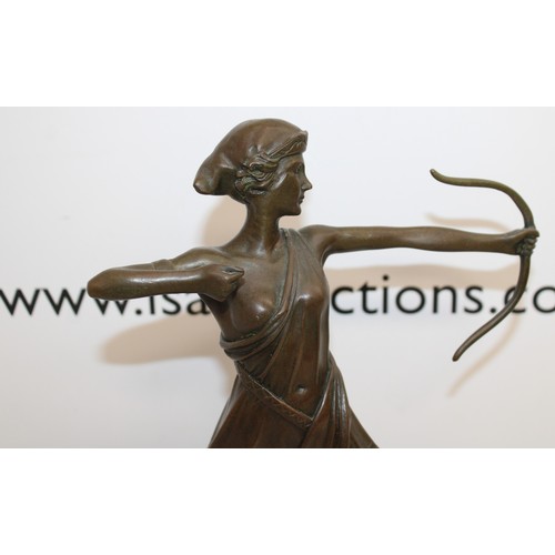 42 - Art Deco Signed Pierre Le Faguays Diana Nemorensis & Artemis Bronze Sculpture On Marble Plinth Lengt...