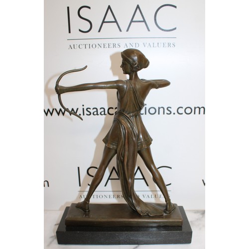 42 - Art Deco Signed Pierre Le Faguays Diana Nemorensis & Artemis Bronze Sculpture On Marble Plinth Lengt...