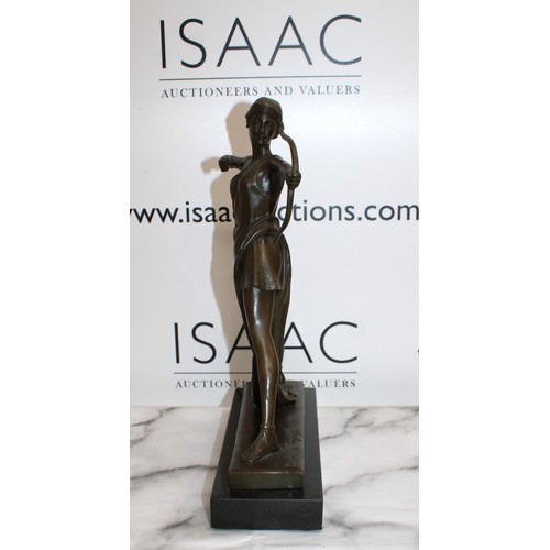 42 - Art Deco Signed Pierre Le Faguays Diana Nemorensis & Artemis Bronze Sculpture On Marble Plinth Lengt...