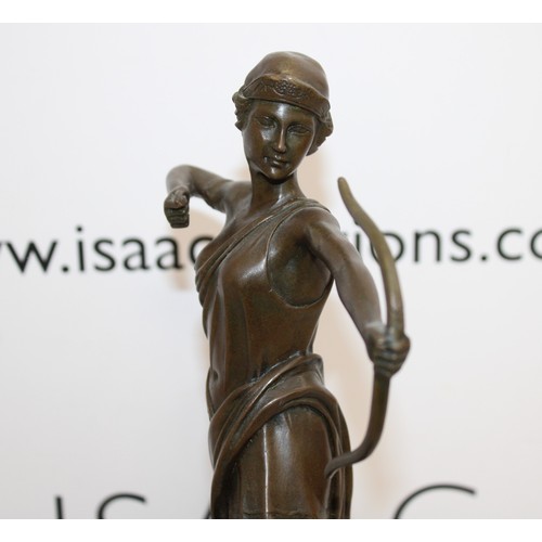 42 - Art Deco Signed Pierre Le Faguays Diana Nemorensis & Artemis Bronze Sculpture On Marble Plinth Lengt...