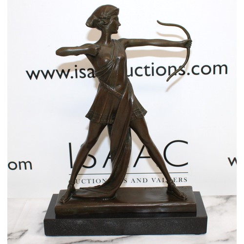 42 - Art Deco Signed Pierre Le Faguays Diana Nemorensis & Artemis Bronze Sculpture On Marble Plinth Lengt...