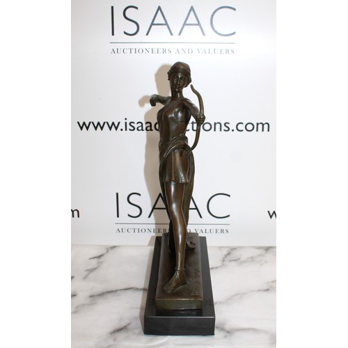 42 - Art Deco Signed Pierre Le Faguays Diana Nemorensis & Artemis Bronze Sculpture On Marble Plinth Lengt...