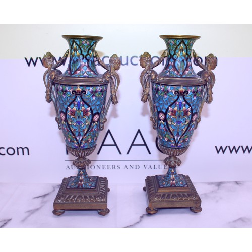 43 - Pair Of Decorative French Champleve Enamel & Gilt Bronze Candle Sticks/Vases Height-26.5cm...