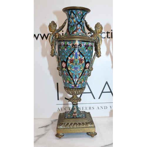 43 - Pair Of Decorative French Champleve Enamel & Gilt Bronze Candle Sticks/Vases Height-26.5cm...