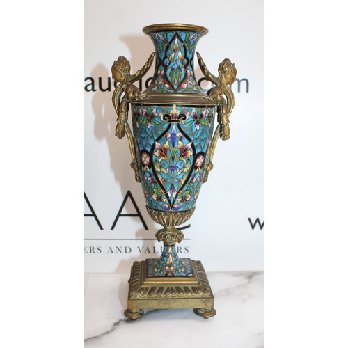 43 - Pair Of Decorative French Champleve Enamel & Gilt Bronze Candle Sticks/Vases Height-26.5cm...