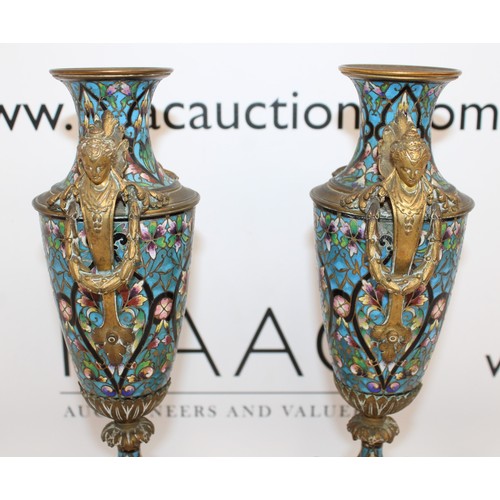 43 - Pair Of Decorative French Champleve Enamel & Gilt Bronze Candle Sticks/Vases Height-26.5cm...