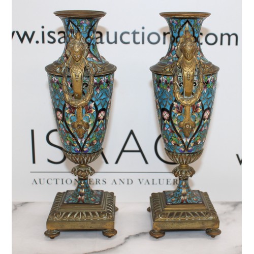 43 - Pair Of Decorative French Champleve Enamel & Gilt Bronze Candle Sticks/Vases Height-26.5cm...