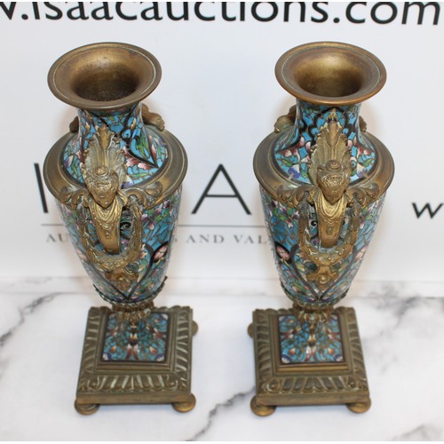 43 - Pair Of Decorative French Champleve Enamel & Gilt Bronze Candle Sticks/Vases Height-26.5cm...