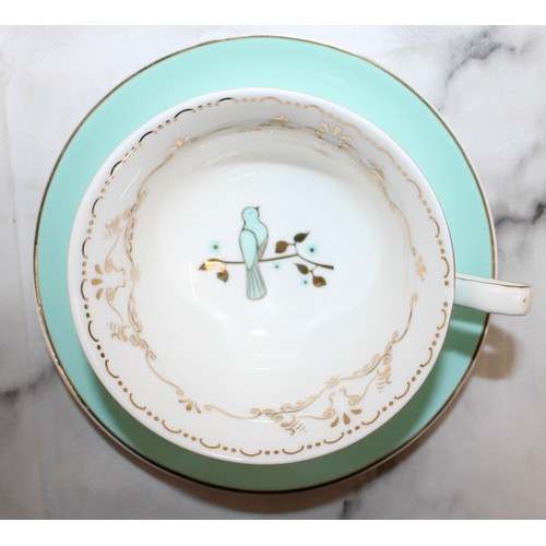 199 - Bombay Duck London Mint Green & Gold Miss Darcy Teacup & Saucer Set With Green & Gold Miss Darcy Tea... 