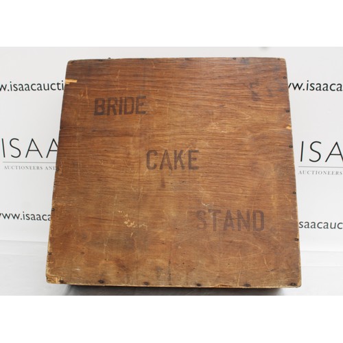 457 - Wooden Box Containing Silver Plated Bride Cake Stand 41 x 35.5cm Diameter Of Cake Area Height 13cm