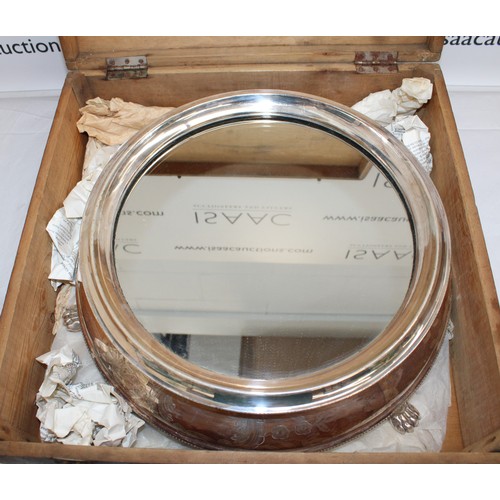 457 - Wooden Box Containing Silver Plated Bride Cake Stand 41 x 35.5cm Diameter Of Cake Area Height 13cm