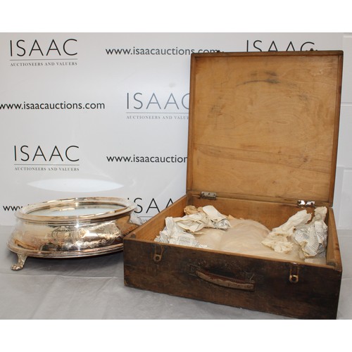 457 - Wooden Box Containing Silver Plated Bride Cake Stand 41 x 35.5cm Diameter Of Cake Area Height 13cm