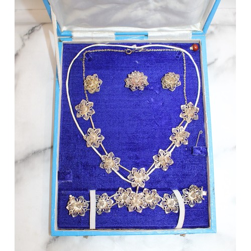 424 - Boxed Filagree Design Set Inc- Necklace/Bracelet/Earrings/Brooch