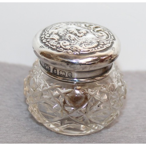 483 - 2 x Silver Hallmarked Items Inc- Nail Buff & Small Glass Silver Topped Pot