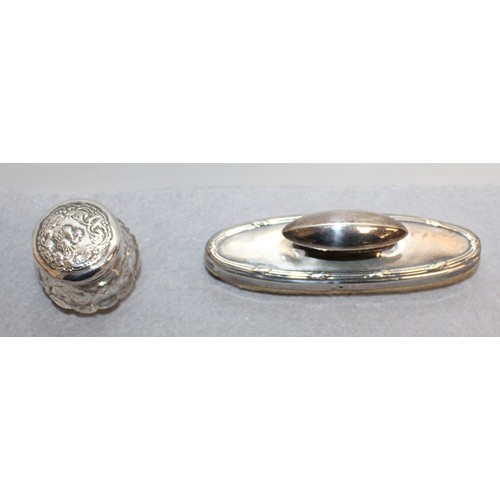 483 - 2 x Silver Hallmarked Items Inc- Nail Buff & Small Glass Silver Topped Pot