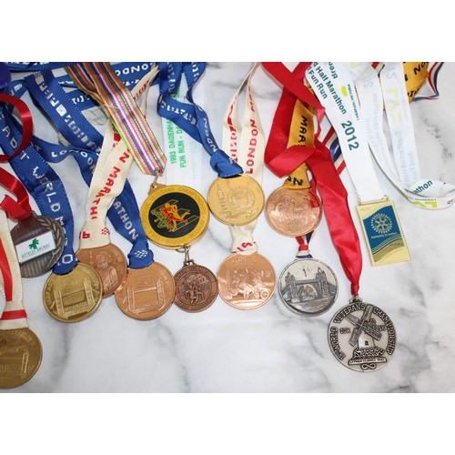 604 - Over 25 Running Medals and Ribbons - Multiple London Marathons, Half Marathons and International Eve... 