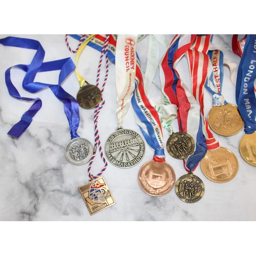 604 - Over 25 Running Medals and Ribbons - Multiple London Marathons, Half Marathons and International Eve... 