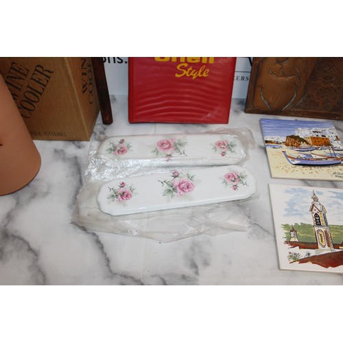 145 - Mixed Collectable Items Including Boxed Wine Cooler Decorative Push Door Plates And Decorative Tiles... 