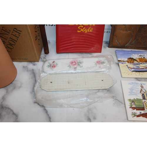 145 - Mixed Collectable Items Including Boxed Wine Cooler Decorative Push Door Plates And Decorative Tiles... 