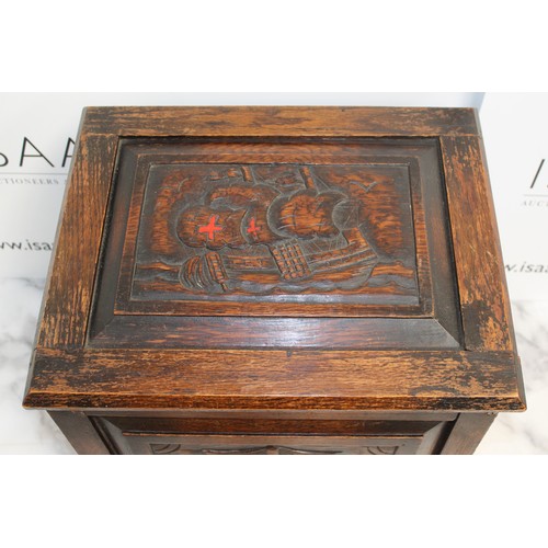 146 - Vintage Wooden Carved Coal Chest With Carved Crest Of Arms And Ship
Dimensions 45 x 41.5 x 33cm
COLL... 